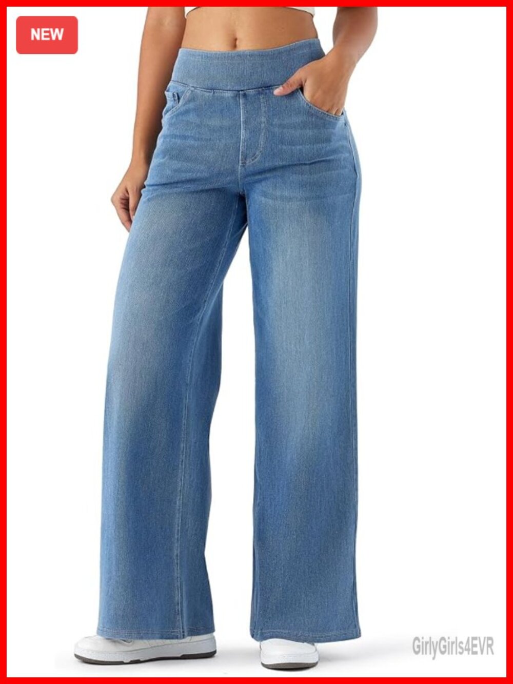 High Waisted Wide Leg Jeans - Stretchy Pull On Elastic Waist